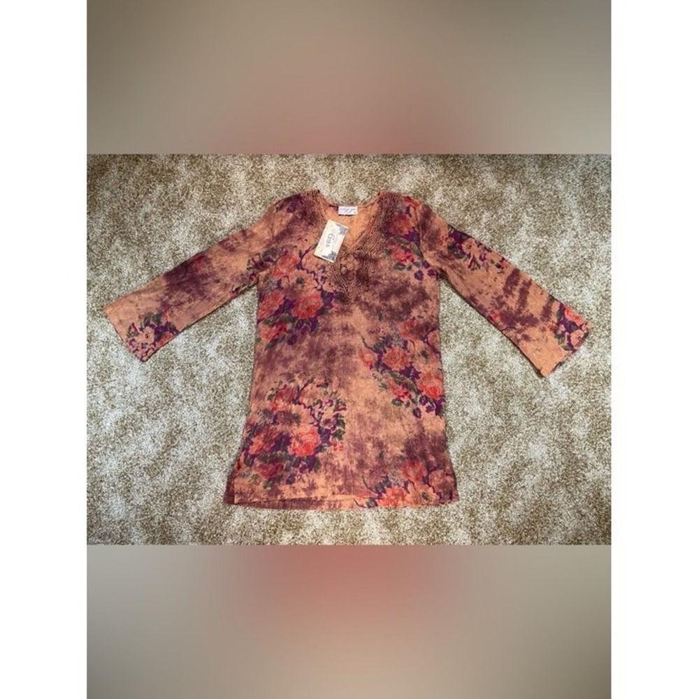 Vintage Goa Tunic Top Medium Boho Floral Crochet Lace Cotton Festival Blouse NWT